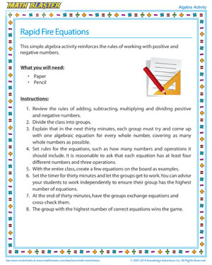 Rapid Fire Equations - Printable Algebra Activity for Kids