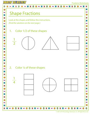 Shape Fractions - Printable Fractions Worksheet for Elementary Graders