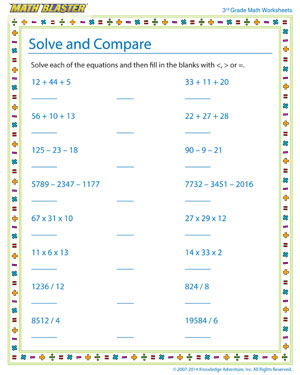 Solve and Compare - Printable Math Worksheet for Kids