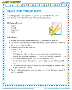 Square Roots with Pythagoras - Printable Algebra Activity for Kids