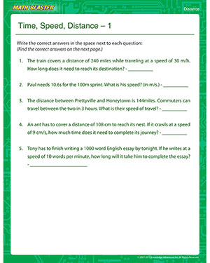 Time, Speed, Distance 2 - Printable Math Worksheet for Kids