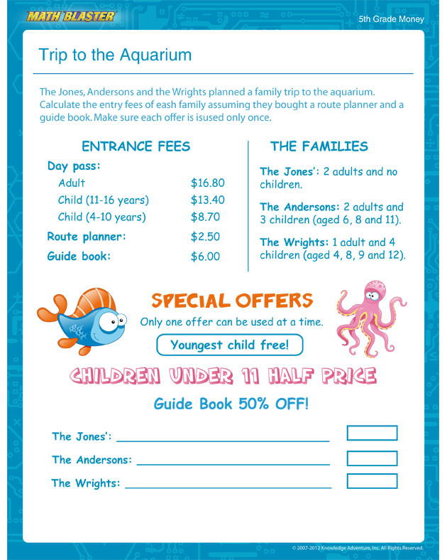 Trip to the Aquarium - Free Money Worksheet for 5th Grade