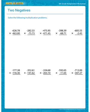Two Negatives - Printable Multiplication Worksheet for 6th Graders