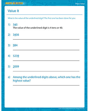 Value It - Printable Math Worksheet for Third Graders