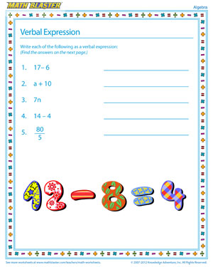 Verbal Expression - Printable Algebra Worksheet for Kids